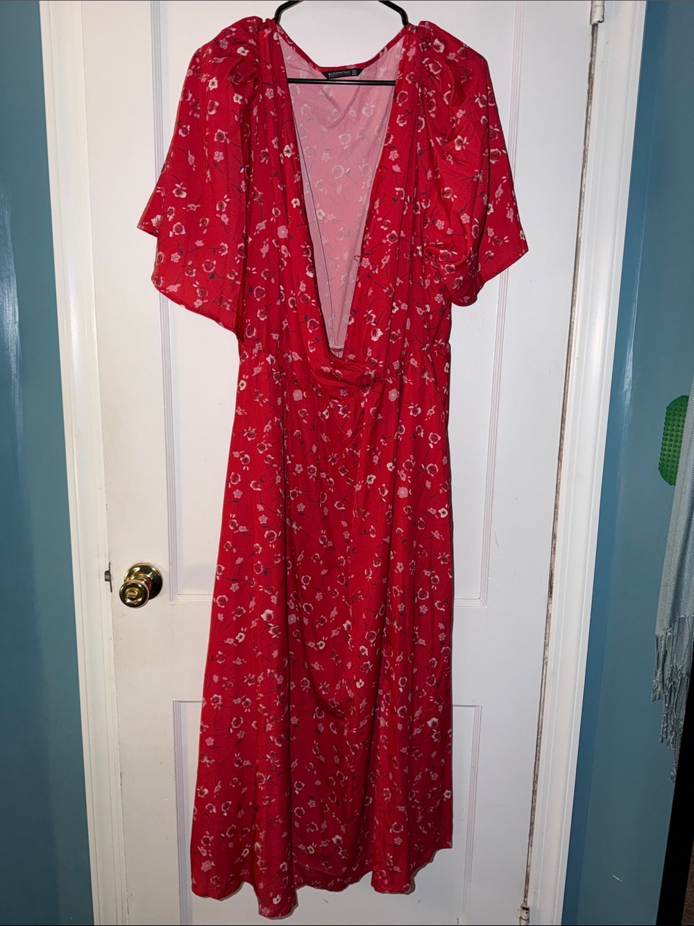 BloomChic Red Floral V-Neck Maxi Dress with White Accent Print